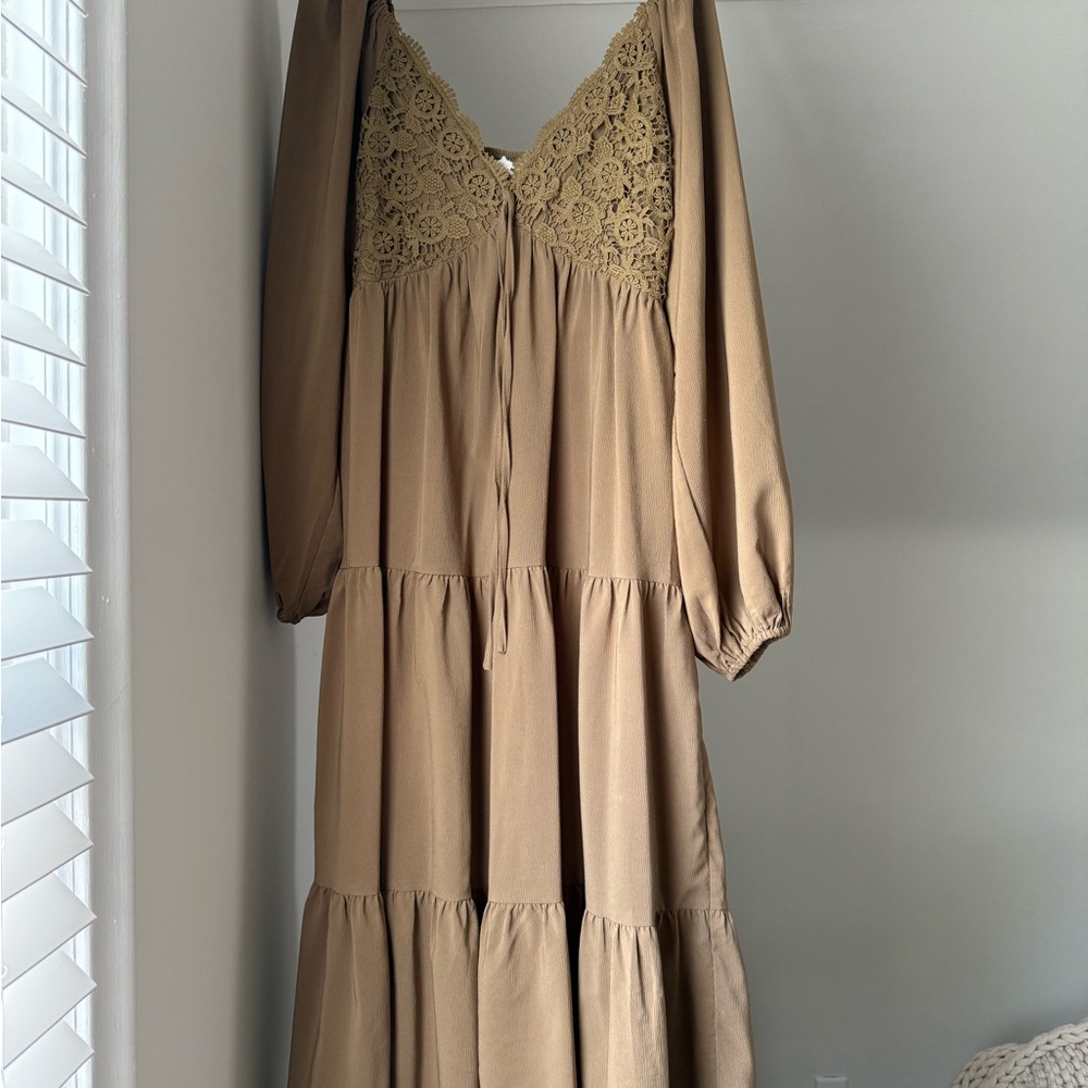 Elegant Tan Lace-Trimmed Dress
